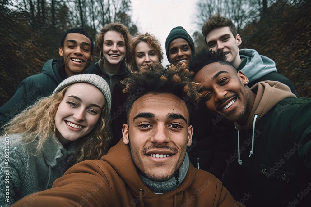 Young and vibrant friends of different ethnic backgrounds taking a selfie together against a picturesque outdoor backdrop Young and vibrant friends of different ethnic backgrounds taking a selfie together against a picturesque outdoor backdrop