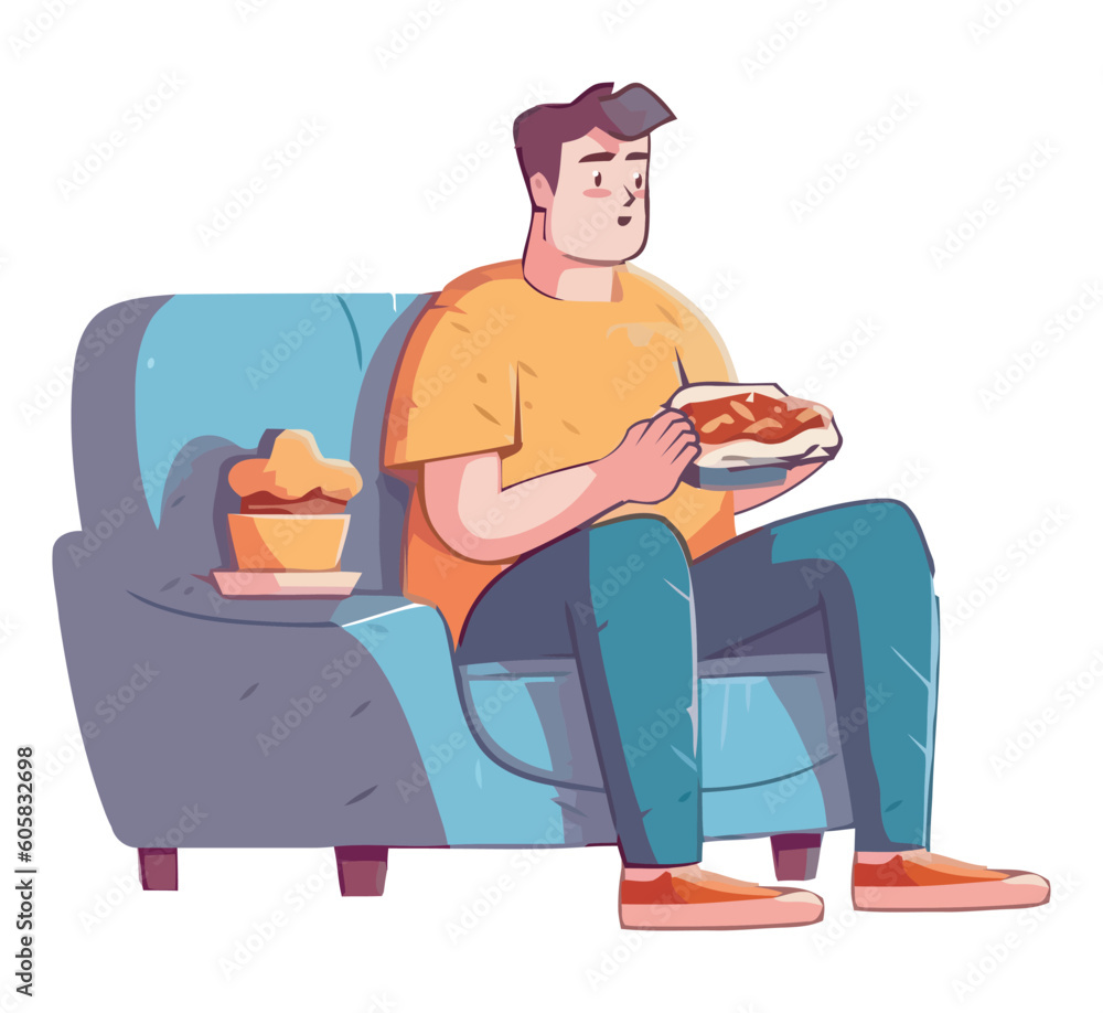 An adult sitting on a sofa eating an unhealthy snack