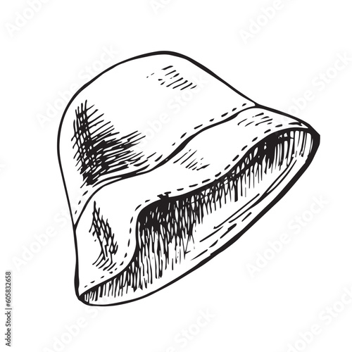 Panama hat sketch clipart. Summer head accessory doodle isolated on white. Hand drawn vector illustration in engraving style.