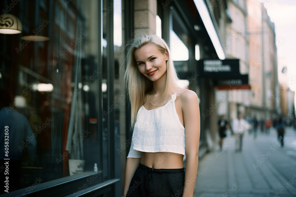 A blonde woman standing in front of a store window Generative Ai