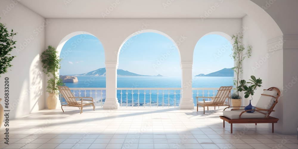 White terrace with a view of the ocean, generative ai