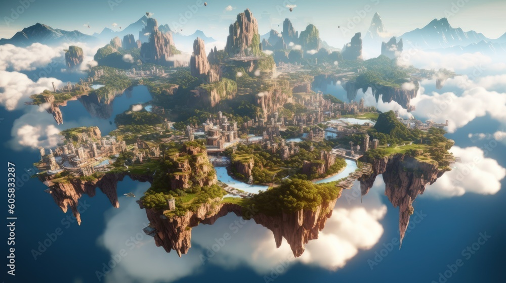 Breathtaking aerial view of a cluster of floating islands suspended high above the clouds. Populate these lands with fantastical structures, lush landscapes Breathtaking aerial view of a cluster of floating islands suspended high above the clouds. Populate these lands with fantastical structures, lush landscapes