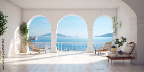 White terrace with a view of the ocean, generative ai © progressman