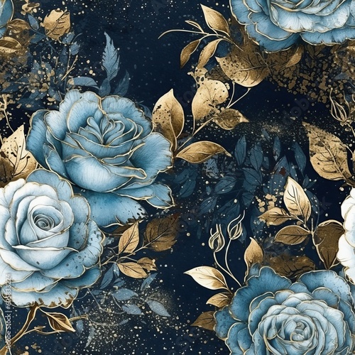 Luxury Golden, blue roses banner. Floral ornament for cover, wallpapers, postcards. Elite seamless pattern. Elegant flowers. Black background. Interior, textile. Cartoon illustration. Generative AI