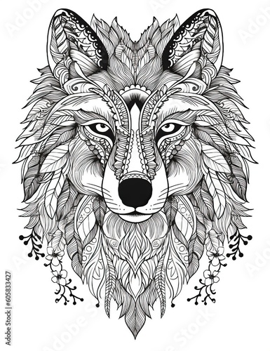 A wolf in the forest in mandala style in black and white. Wolf head adult antistress coloring page.  Generative AI