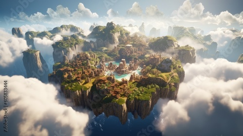 Breathtaking aerial view of a cluster of floating islands suspended high above the clouds. Populate these lands with fantastical structures, lush landscapes