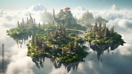 Breathtaking aerial view of a cluster of floating islands suspended high above the clouds. Populate these lands with fantastical structures, lush landscapes © Damian Sobczyk
