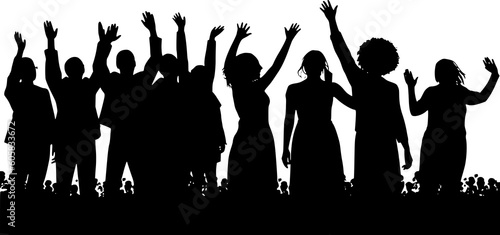 group of people silhouettes raise hand. happy expression