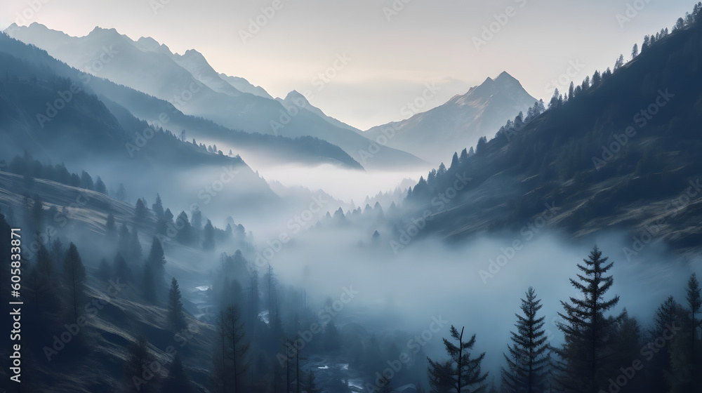 Misty mountainous valley, Generative AI