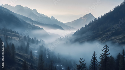 Misty mountainous valley  Generative AI