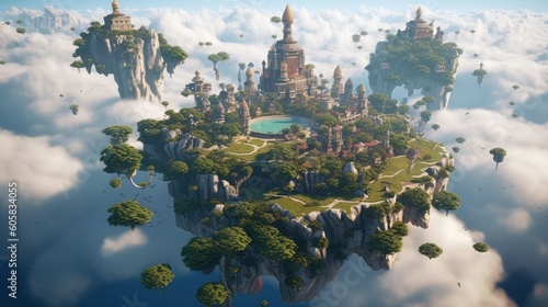 Breathtaking aerial view of a cluster of floating islands suspended high above the clouds. Populate these lands with fantastical structures  lush landscapes