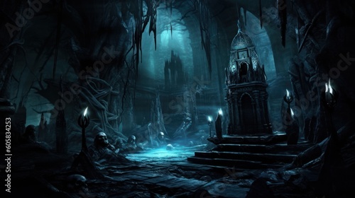 Dark and eerie scene depicting an underworld realm, where ethereal spirits, wicked creatures, and mysterious specters dwell. Use shadowy lighting and haunting colors to evoke a sense of foreboding