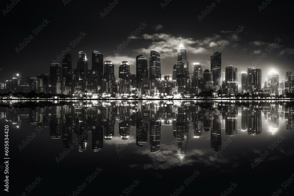 City skyline with reflection on water, in B&W. Generative AI