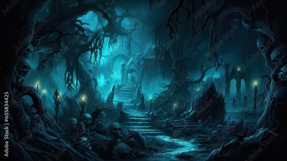 Dark and eerie scene depicting an underworld realm, where ethereal spirits, wicked creatures, and mysterious specters dwell. Use shadowy lighting and haunting colors to evoke a sense of foreboding - obrazy, fototapety, plakaty 