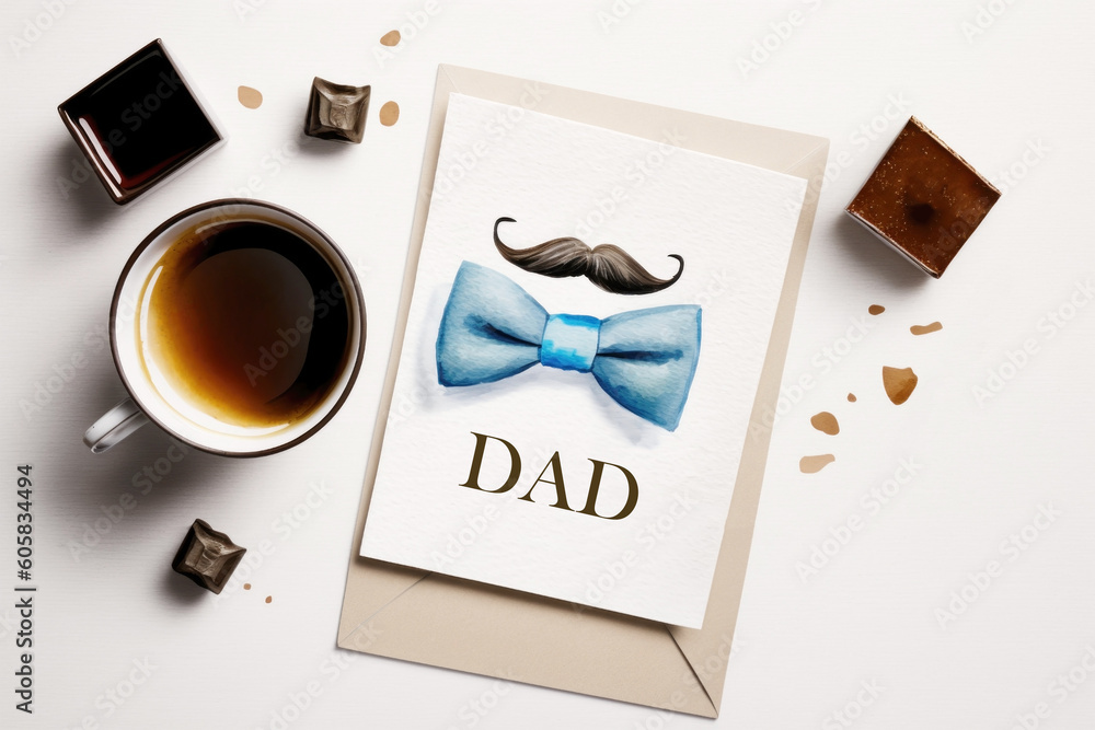 Postcard drawn bow tie and mustache, cup of coffee, light background top view. Holiday card template. Illustration generated by AI Postcard drawn bow tie and mustache, cup of coffee, light background top view. Holiday card template. Illustration generated by AI