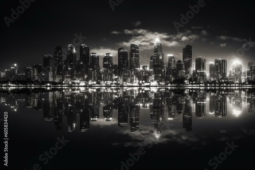 City skyline with reflection on water, in B&W. Generative AI