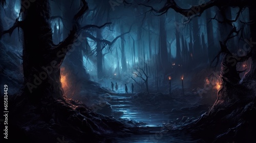 Dark and eerie scene depicting an underworld realm, where ethereal spirits, wicked creatures, and mysterious specters dwell. Use shadowy lighting and haunting colors to evoke a sense of foreboding