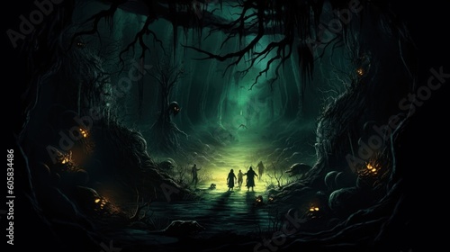 Dark and eerie scene depicting an underworld realm  where ethereal spirits  wicked creatures  and mysterious specters dwell. Use shadowy lighting and haunting colors to evoke a sense of foreboding