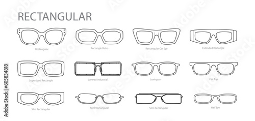Set of Rectangular frame glasses fashion accessory illustration. Sunglass front view for Men, women, unisex silhouette style, flat rim spectacles eyeglasses with lens sketch style outline isolated