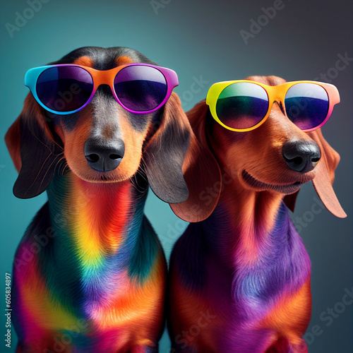 Dois cachorros salsichas com óculos psicodelicos  photo