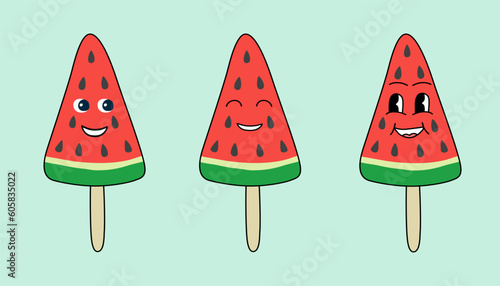 Set of groovy style cute cartoon watermelon characters ice cream, vector