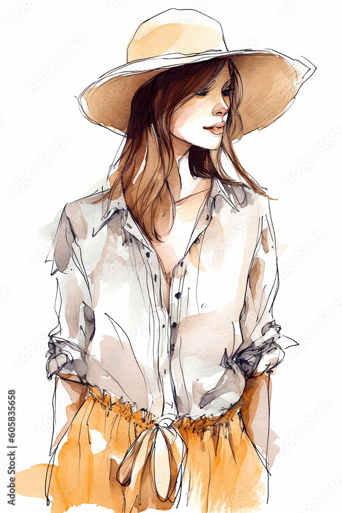 Young woman wearing summer clothing and hat, sketch drawing. Generative AI