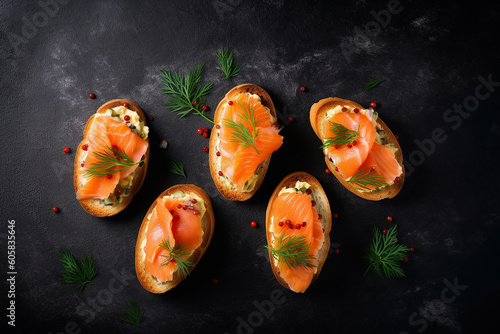 Open smoked salmon sandwiches decorated with dill, top view. Generative AI