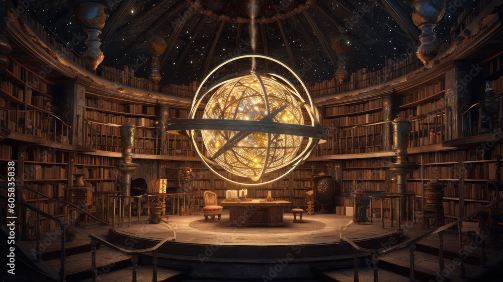 Obraz premium Envision an ancient library of immeasurable knowledge, filled with towering bookshelves, mysterious tomes, and celestial globes. Convey a sense of wisdom, reverence, and the allure of hidden knowledge
