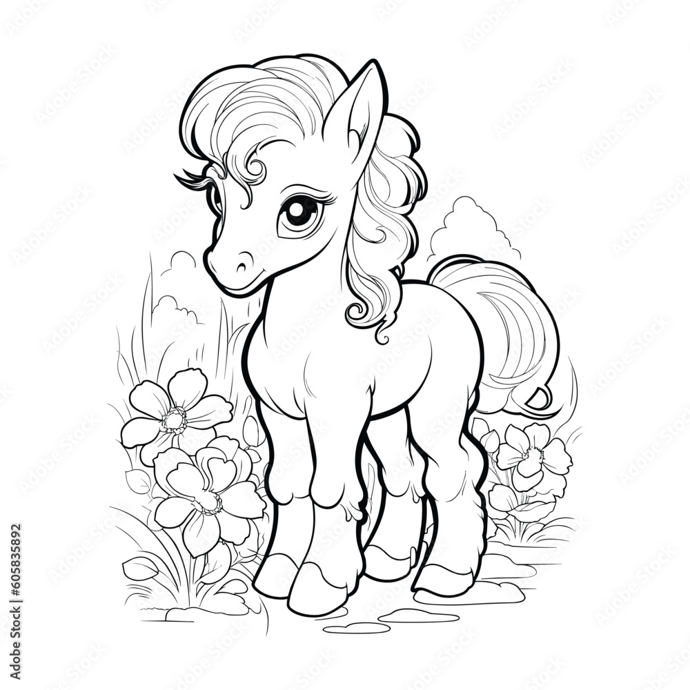 A little pony with a mane and a bow on its head is standing in a field of flowers. A little pony with a mane and a bow on its head is standing in a field of flowers.