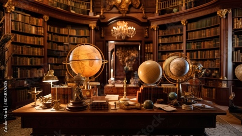 Envision an ancient library of immeasurable knowledge, filled with towering bookshelves, mysterious tomes, and celestial globes. Convey a sense of wisdom, reverence, and the allure of hidden knowledge