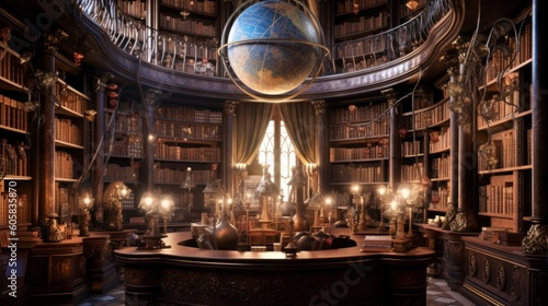 Envision an ancient library of immeasurable knowledge, filled with towering bookshelves, mysterious tomes, and celestial globes. Convey a sense of wisdom, reverence, and the allure of hidden knowledge