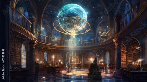 Envision an ancient library of immeasurable knowledge  filled with towering bookshelves  mysterious tomes  and celestial globes. Convey a sense of wisdom  reverence  and the allure of hidden knowledge