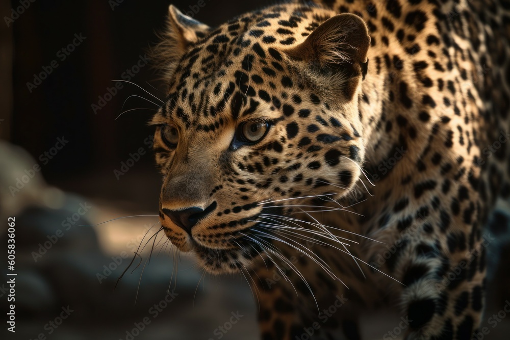 Beautiful leopard. Background with selective focus and copy space. AI generated, human enhanced Beautiful leopard. Background with selective focus and copy space. AI generated, human enhanced