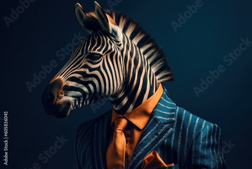 Anthropomorphic Zebra dressed in a suit like a businessman. Business Concept. AI generated  human enhanced