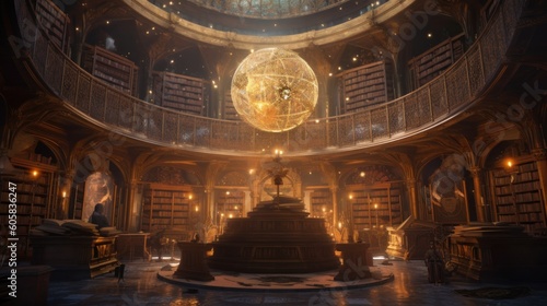 Envision an ancient library of immeasurable knowledge  filled with towering bookshelves  mysterious tomes  and celestial globes. Convey a sense of wisdom  reverence  and the allure of hidden knowledge