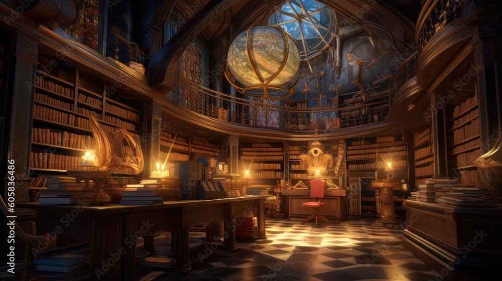 Envision an ancient library of immeasurable knowledge, filled with towering bookshelves, mysterious tomes, and celestial globes. Convey a sense of wisdom, reverence, and the allure of hidden knowledge