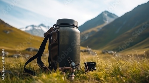 illustration, thermos and backpack in the meadow, ai generative