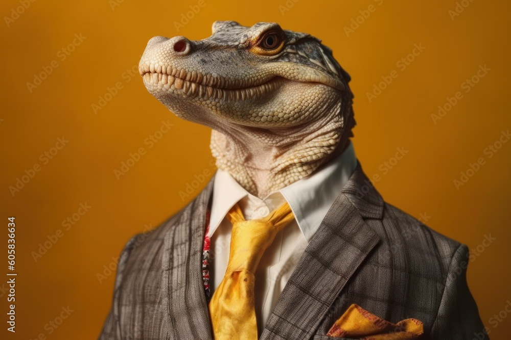 Anthropomorphic crocodile dressed in a suit like a businessman. business concept. AI generated, human enhanced Anthropomorphic crocodile dressed in a suit like a businessman. business concept. AI generated, human enhanced