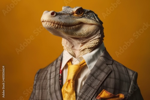 Anthropomorphic crocodile dressed in a suit like a businessman. business concept. AI generated, human enhanced