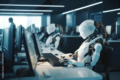 Robot working at computer among people. AI generated, human enhanced