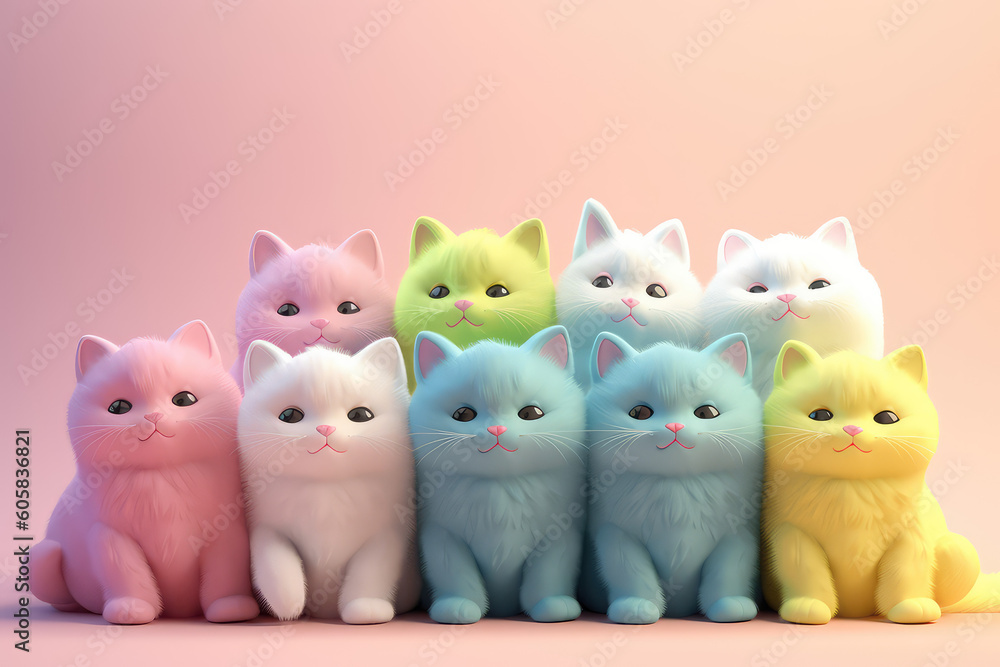 Lots of cute baby cats with colored hair in pastel colors. Isolated on a pink background. Unusual contemporary art style wallpaper, lots of fluffy cats. Generative AI 3d render imitation. Lots of cute baby cats with colored hair in pastel colors. Isolated on a pink background. Unusual contemporary art style wallpaper, lots of fluffy cats. Generative AI 3d render imitation.