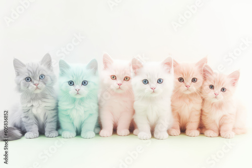 Group of cute cats with colored hair in pastel colors. Isolated on a white background. Unusual contemporary art style wallpaper, lots of fluffy cats. Generative AI 3d render imitation.