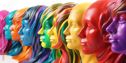 Multicolored heads faces to the side of group of people with different hairdresses and scarfs. AI generative illustration. photo