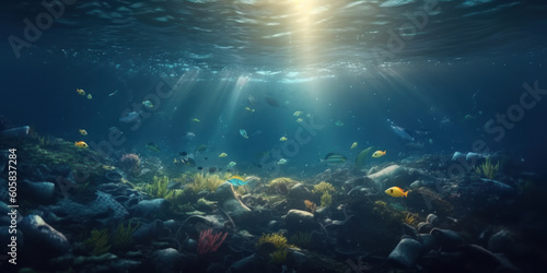 Seabed covered with a lot of garbage. AI generative illustration. © Vjom