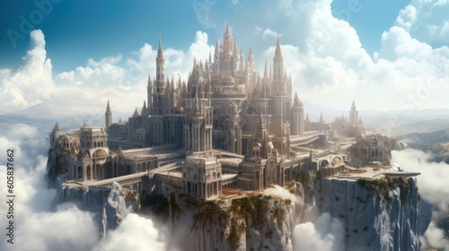Majestic floating citadel  a magnificent fortress suspended in the sky by unknown forces. Show the intricate architecture  grand halls  and bustling life within  as well as the breathtaking view from 