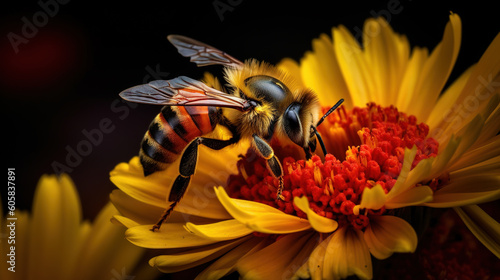 Bee and flower. Close up of a large striped bee collects honey on a yellow flower, generative ai