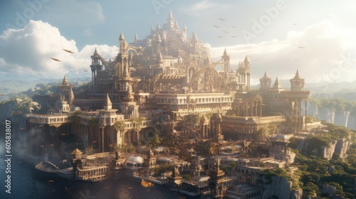 Majestic floating citadel, a magnificent fortress suspended in the sky by unknown forces. Show the intricate architecture, grand halls, and bustling life within, as well as the breathtaking view from 