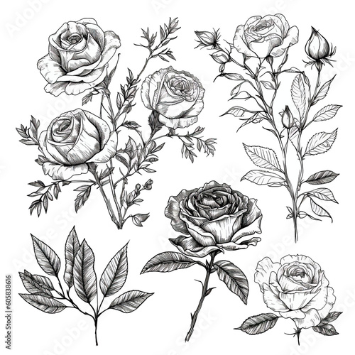 set of floral doodle with rose flower leaves and branch