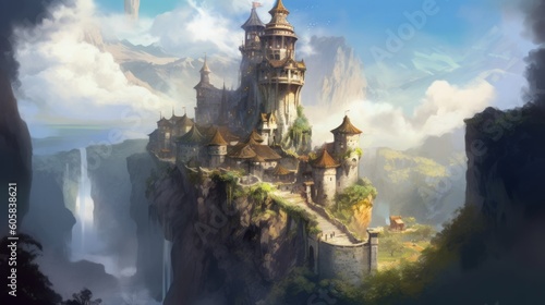 Ancient and towering wizard's tower perched on a craggy cliff. Envision its mysterious interiors filled with arcane books, magical artifacts, and swirling portals, as the resident wizard conducts thei © Damian Sobczyk
