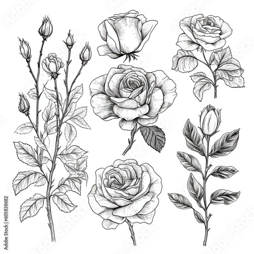 set of floral doodle with rose flower leaves and branch